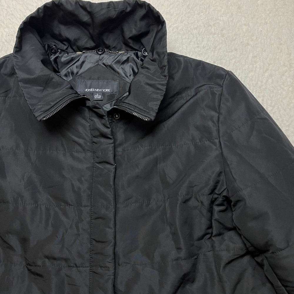 Jones New York Puffer Jacket Womens L Black Quilted Zip Up Mock Neck RN 15101
